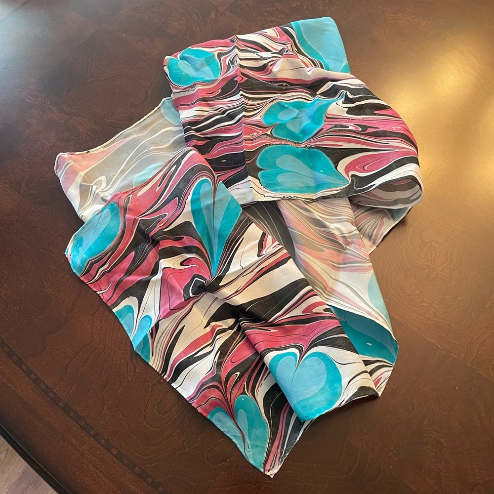 Blue and Pink Handmade 100% Silk Artistic Swirl Scarf